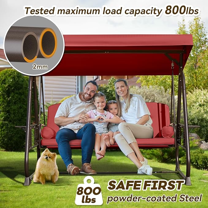 3 in 1 Outdoor Porch Swing with Adjustable Canopy, 3 Seat Outdoor Swing for Adults, Patio Swing Chair with Thickened Cushions,Pillows & Cup Holders for Backyard, Porch, Garden (Wine Red) YALISSEY