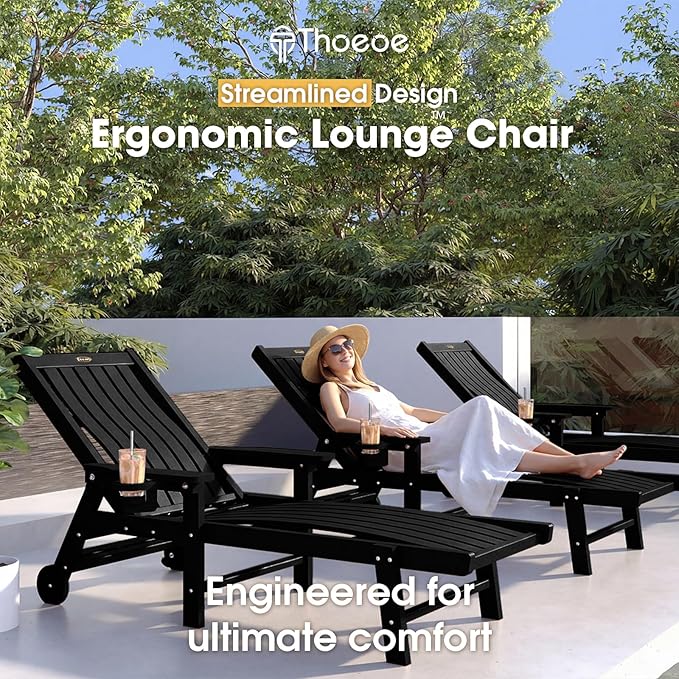 Patio Chaise Lounge Chair Set of 2, Oversized Lounge Chair Outdoor with 5 Positions, HDPE, Patio Lounge Chair with Wheels & Cup Holder for Pool, Deck, Poolside,Black THOEOE