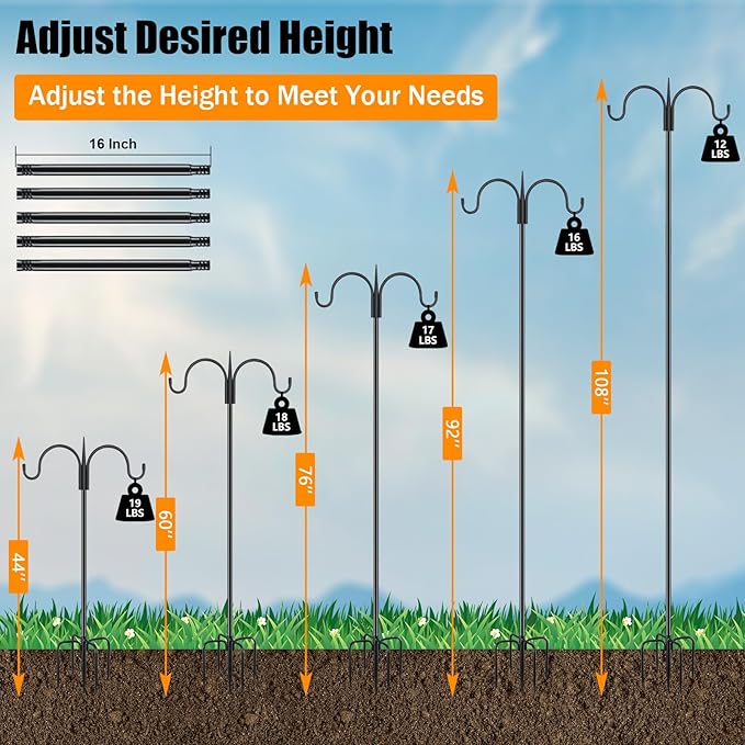 FEED GARDEN Adjustable Double Shepherds Hook for Outdoor with 5 Prong Base 108 Inch Heavy Duty Two Sided Bird Feeder Pole for Hanging Plant Baskets, Solar Light Lanterns, Wind Chimes FEEDGARDEN