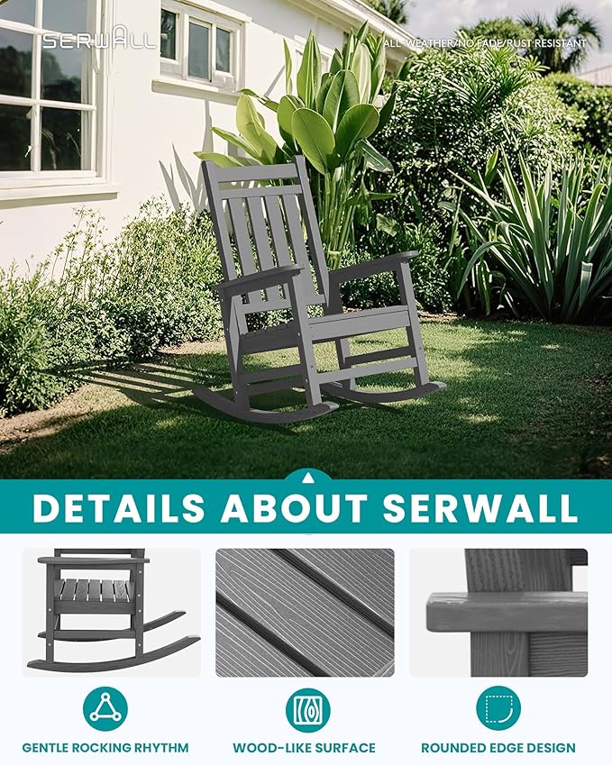SERWALL HDPE Outdoor Rocking Chair Set of 8, Patio Rocking Chairs for Adults, All Weather Outdoor Rockers for Lawn, Grey SERWALL