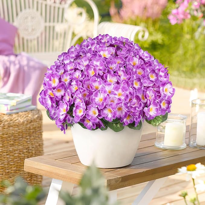 Artificial Geraniums Flowers for Outdoors, 6 Bundles Realistic Silk Fake Geranium, UV Resistant Faux Plants for Hanging Baskets, Window Boxes, Planters - Porch, Patio, Garden Decor(Purple) AmberFun