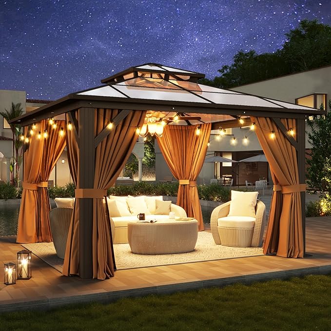 Aoxun 12'x12' Hardtop Gazebo, Aluminum Frame Permanent Pavilion with Curtains and Netting, Outdoor Polycarbonate Double Roof Canopy, Designed for Garden, Lawns, Patio, Brown Aoxun