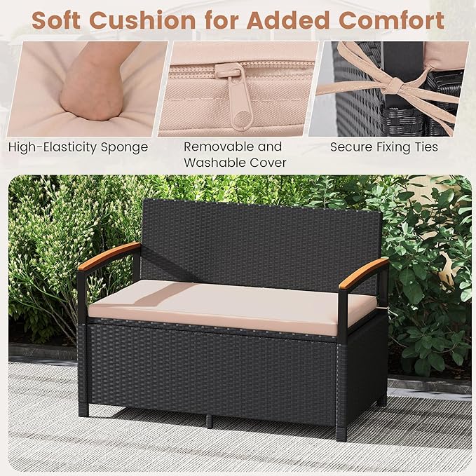Tangkula 46 Gallon Outdoor Bench with Storage, Outdoor PE Rattan Storage Bench with Cushion, Backrest & Acacia Wood Armrests, Metal Frame, Waterproof Deck Box Seat for Porch Backyard Poolside TANGKULA