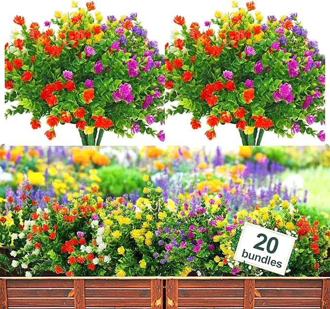 20 Bundles Artificial Flowers Outdoor Fake Plants, UV Resistant No Fade Faux Plastic Greenery Shrubs for Hanging Planter Garden Porch Window Box Outside Decoration,Home Indoor Decor, 5 Colors YIBUKIY