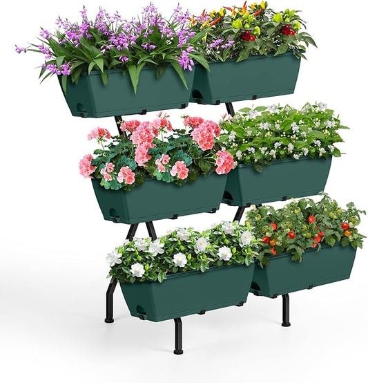 2 Column Vertical Raised Garden Beds, 6 Planter Boxes Standing Garden Bed Outdoor/Indoor Herb Garden Tiered Planter with Drainage Holes & Removable Trays for Flowers/Vegetables/Plants (Green) Luplom