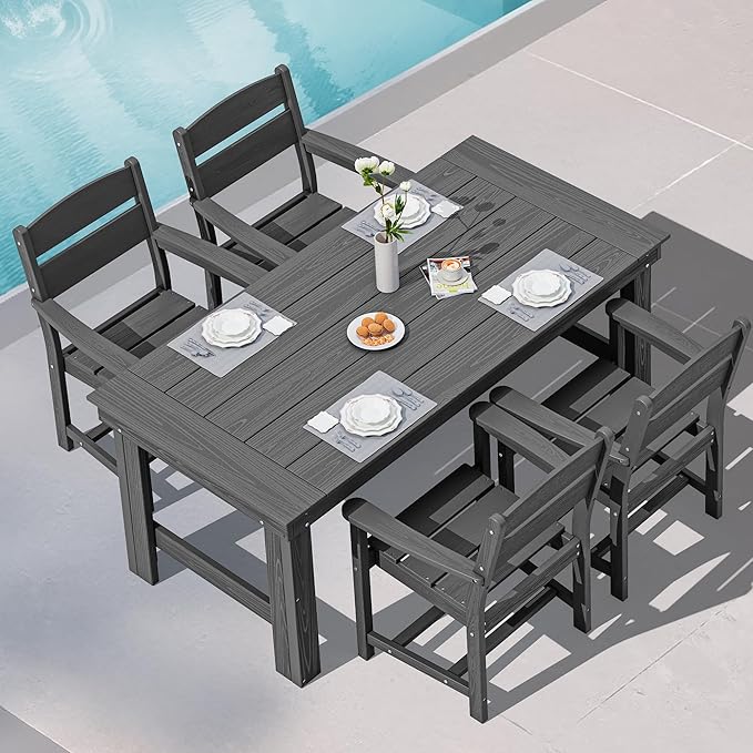 SERWALL Outdoor Dining Table Set, 67‘’ HDPE Patio Dining Set for 4, All-Weather Outdoor Table and Chairs Set for Deck, Grey SERWALL