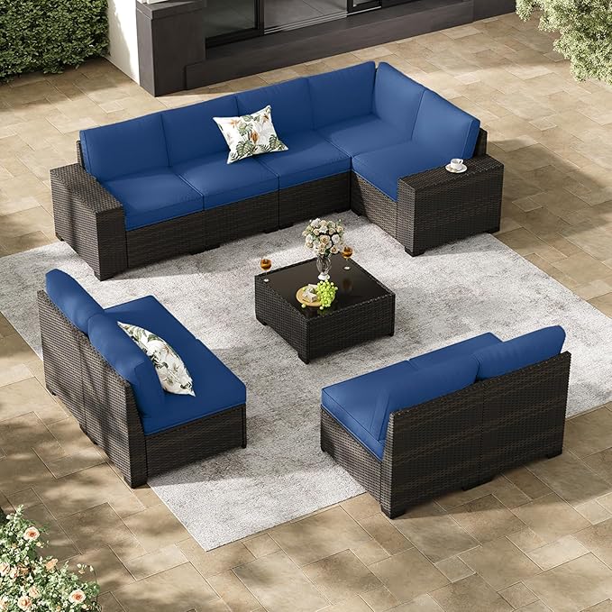 Jing's Villa 10-Piece Patio Furniture Set, All-Weather Outdoor Wicker Sectional Sofa with Cushions, Glass Table & Left and Right Armrest, Rattan Conversation Seating for Porch, Garden, Backyard,Navy JingsVillaOutdoorFurniture