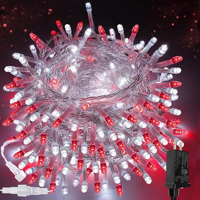 Upgraded Connectable 200 LED String Lights Indoor Outdoor, 66FT Red and White Christmas Lights Waterproof, 13 Modes Twinkle Fairy Lights Plug in Clear Wire for Christmas Tree, Bedroom, Classroom Decor SANJICHA