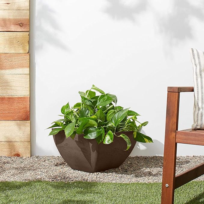 PSW Pot Collection 12x6 inch Plastic/Stone/Wood Composite Square Planter – No Drainage Hole (Drillable), Modern Indoor/Outer Pot for Flowers, Foliage, Succulents, Fairy Gardens, Chocolate PSW