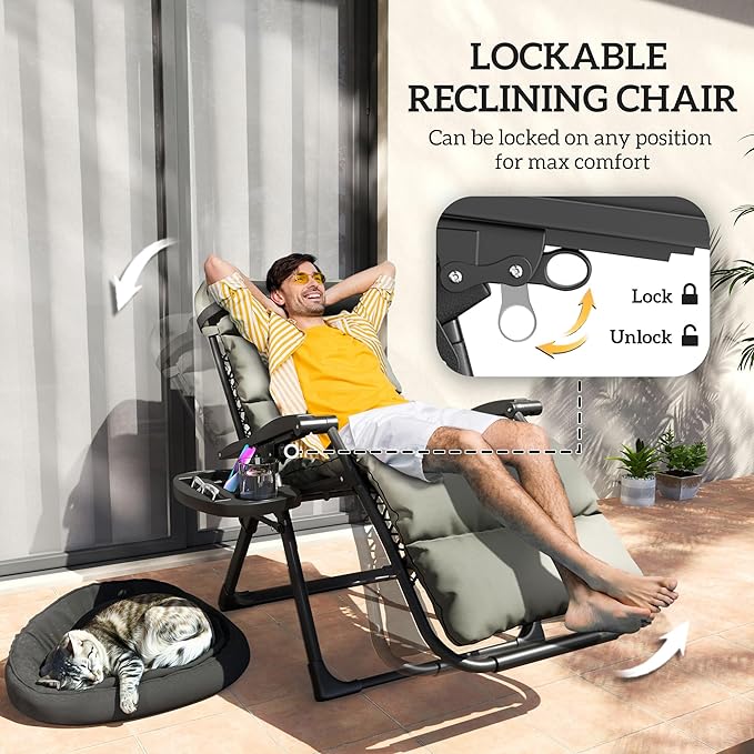 Outsunny Zero Gravity Chairs Set of 2, Reclining Folding Zero Gravity Lounge Chair, Outdoor Lounge Chairs with Removable Cushion, Headrest, and Cup Phone Holder Tray for Patio, Beach, Gray Outsunny
