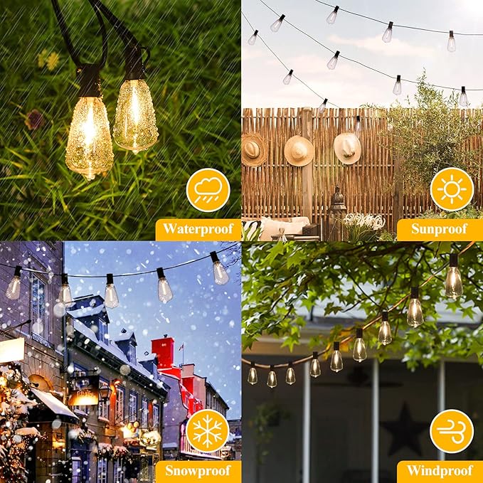 Brightever Outdoor String Lights, 25FT Patio Lights with 13 ST38 LED Edison Bulbs (1 Spare), Waterproof Connectable String Lights for Outside, Dimmable Hanging Light for Backyard Porch Decor, Black Brightever