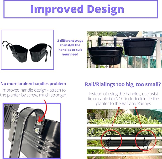 LaLaGreen Outdoor Rail Planter (11.8 Inch, 6 Pack) Black Metal Iron Hanging Flower Pots Deck Railings Fence Buckets Outside Countryside Boho Style Wall Mount Window Box Plant Holder Hook Porch Decor L%C3%A1L%C3%A1Green