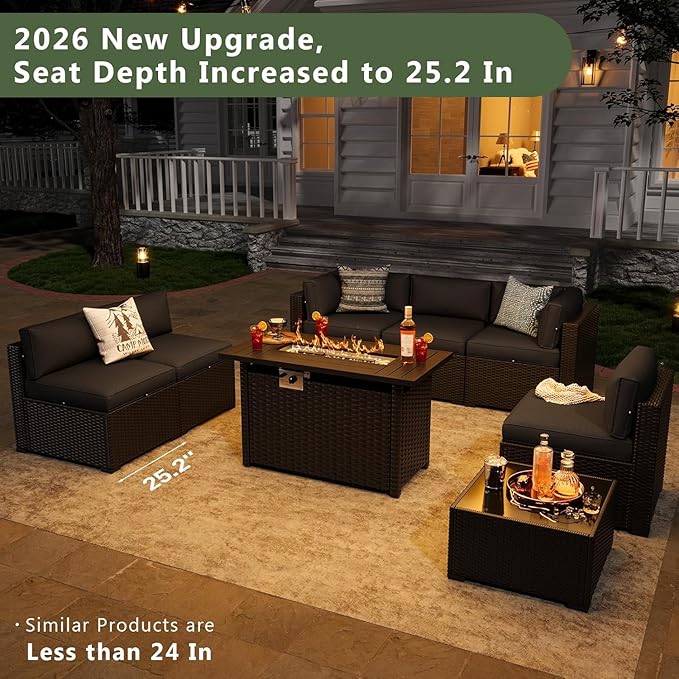 Aoxun 8 Piece Patio Furniture Set with 44” Fire Pit Table, Wicker Rattan Patio Sectional Sofa, Outdoor Furniture Set with Thickened Cushion, Black Aoxun