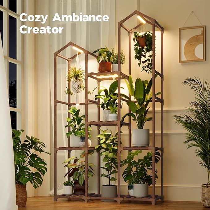Bamworld Plant Stand with Grow Light Corner Plant Shelf Indoor with Lights Tall Plant Holder for Living Room Warm Light Plant Container Accessories for Mutiple Pots Patio Boho Home Decor for Gardening Bamworld