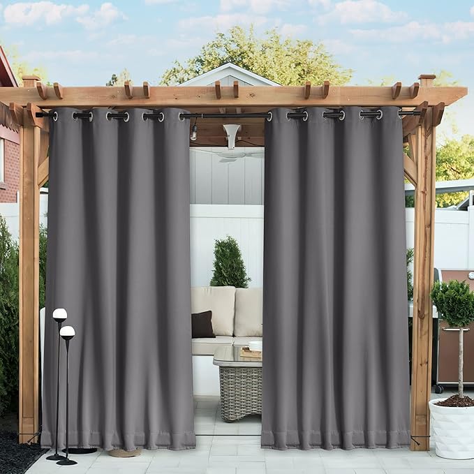 NICETOWN 2 Panels Blackout Weighted Outdoor Curtains for Patio Waterproof, Grommet & Back Tab on Top & Bottom Keep Privacy Light & Sound Block for Porch with Bonus Rope for Fixed, Grey, W52 x L72 NICETOWN