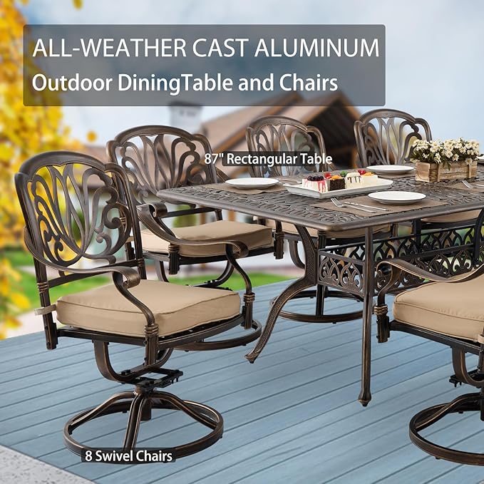 9-Piece Cast Aluminum Patio Furniture, Outdoor Dining Sets for 8 Include 87" Rectangular Patio Dining Table and 8 Swivel Chairs with Cushions & Umbrella Hole(Bronze) Rootora