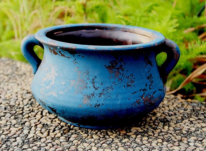 Egyptian Era Designed Earthen Ware Terra-Cotta Vessel/Planter with Looped Handles. Blue Goodman+and+Wife