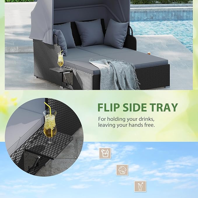 ORALNER Outdoor Daybed, 2-Person Wicker Patio Sofa with Retractable Canopy, Cushions & Pillows, 2 Side Trays, PE Rattan Double Sunbed Lounger for Deck Poolside Backyard Garden Balcony (Gray) ORALNER