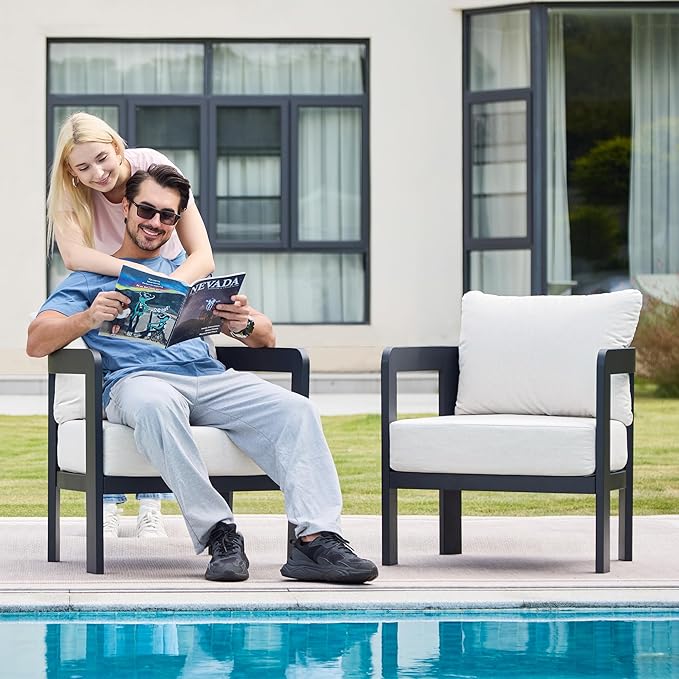 Outdoor Furniture Set, 2Pcs Patio Armchairs, Metal Modern Outside Furniture with 6'' Thick Cushions, Outdoor Conversation Set Balcony Chairs for Backyard, Porch,Deck, White COMLAXFIELD