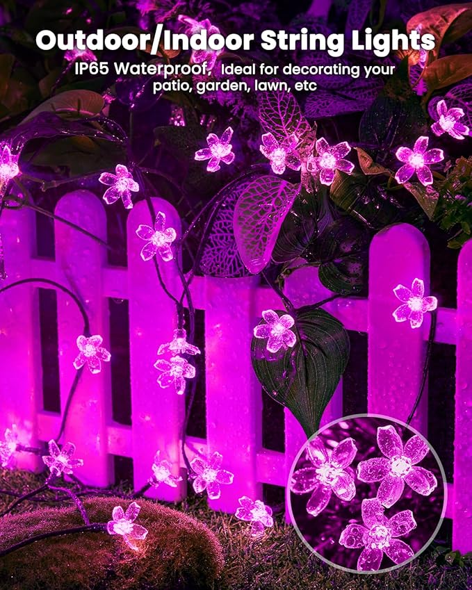 Brightown 2 Pack Total 52FT 120 LED Flower Solar String Lights Outdoor Waterproof Fairy Lights for Garden Yard Fence Patio Christmas Tree Wedding Party Decor, Pink Brightown