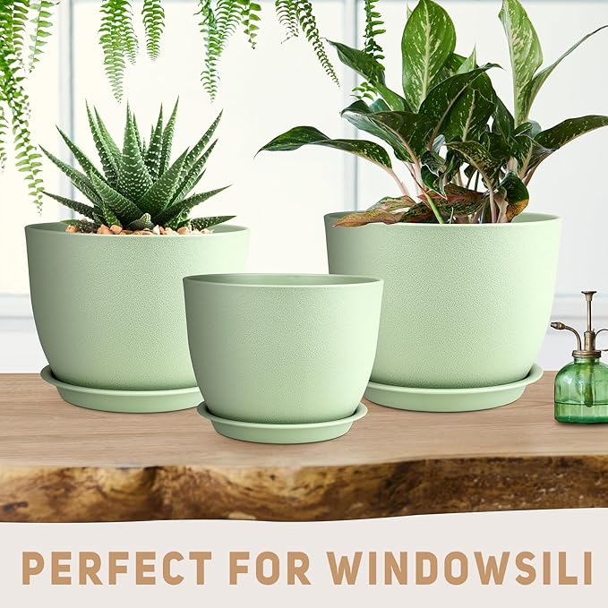 Plant Pots 12/10/9 inch Set of 3, Flower Pots with Multi Mesh Drainage Holes, Large Planters for Indoor Outdoor Garden Plants and Flowers. (Green) AFamilyofGardenLovers