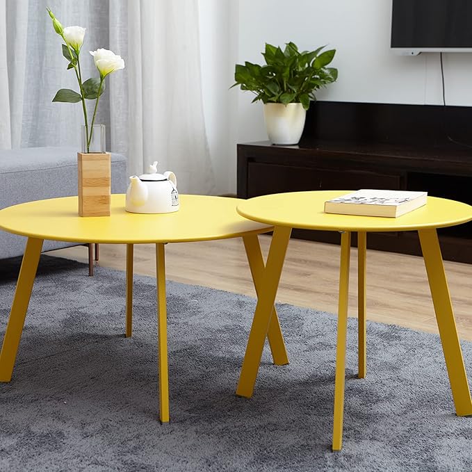 Grand patio Round Patio Coffee Table 2PC Weather Resistant Nesting Tables Including One Large Side Table and One Small End Table, Yellow GrandPatio