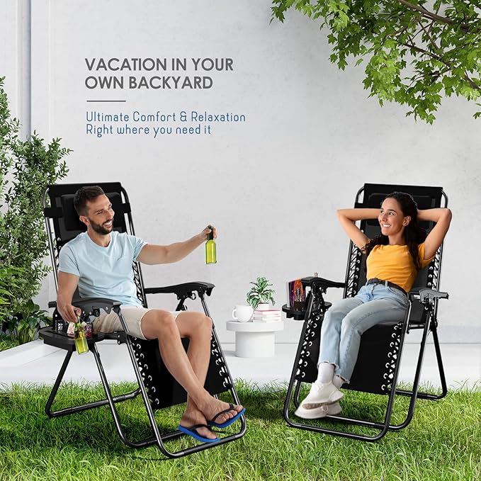 Nestl Zero Gravity Chairs Set of 2, Patio Lounge Chair Outdoor with Pillows & Cup Holder Trays, Adjustable Steel Mesh Reclining Camping Chair, Folding Patio Lawn Chair for Deck, Beach, Yard - Black Nestl