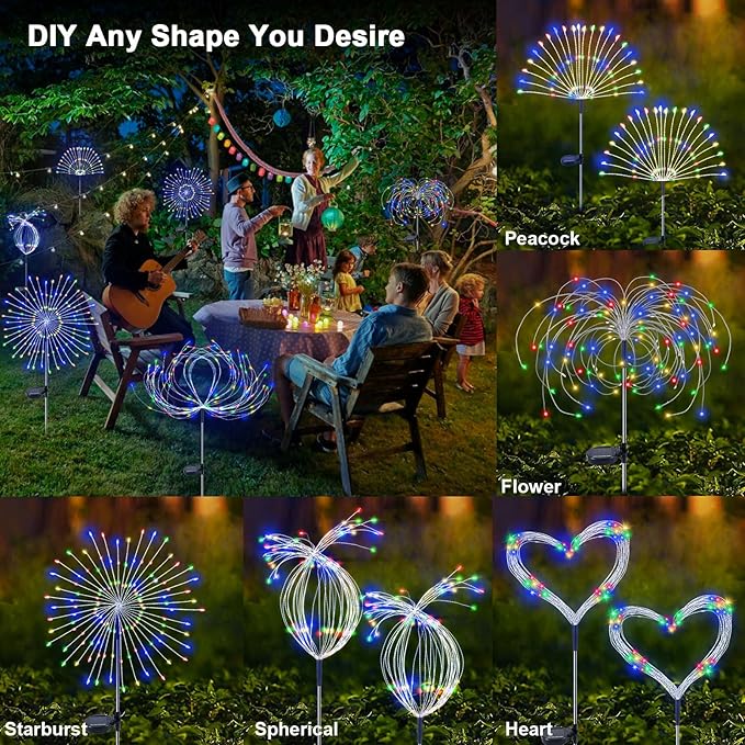 Solar Garden Lights Outdoor, 2 Pack 120 LED Twinkling Firework Lights Decorative with 2 Modes, Outdoor Waterproof Solar Starburst Light for Outside Yard Pathway Garden Decor, Multicolor Yaafen