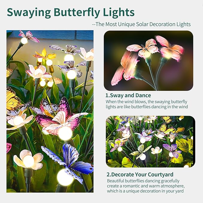 Solar Garden Lights,2packs-16LED,Outdoor Solar Powered Decor for Yard, Patio, Pathway, IP65 Waterproof Butterfly Lights Rootora