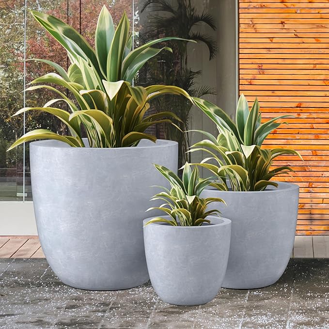 Kante 18",14",10" Dia Concrete Round Planters (Set of 3), Outdoor Indoor Large Planter Pots with Drainage Hole and Rubber Plug for Home Patio Garden, Slate Gray Kante
