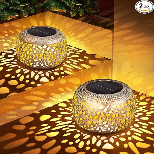 Solar Lanterns Outdoor Waterproof: 2 Pack White Gold Hollow Out Metal Solar Lights - 2 Lighting Colors Outside Patio Garden Yard Porch Tabletop Decorations - Unique Gifts for Women Mom Wife NFEVER