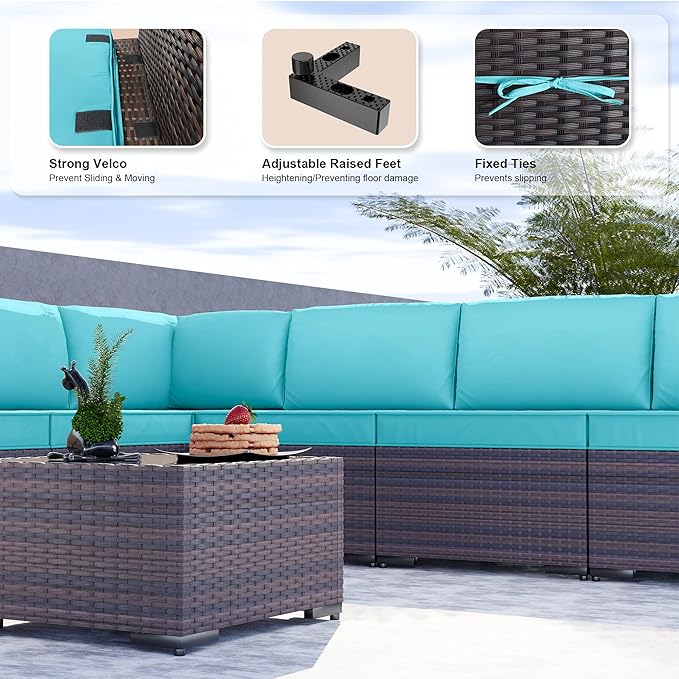 Kullavik 9 Pieces Outdoor Patio Furniture Set PE Wicker Rattan Sectional Sofa Patio Conversation Sets,Blue KULLAVIK