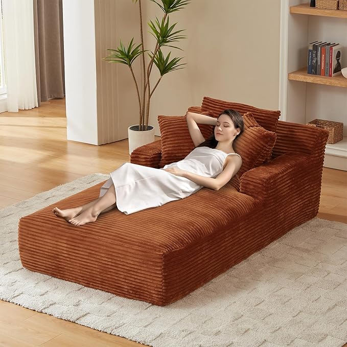 80 Inch Chaise Lounge Chair Indoor, Oversized Corduroy Upholstered Boneless Sofa Bed, Deep Seat Sleeper Couch Reading Chairs, Cloud Sofas Couches for Living Room, No Assembly Required (Brown) HANXIN