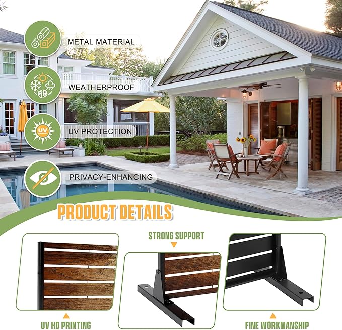 FENCY Metal Outdoor Privacy Screen 72" H×47" W Vintage Wood Color Patio Privacy Screen, Freestanding Decorative for Deck Balcony Patio FENCY