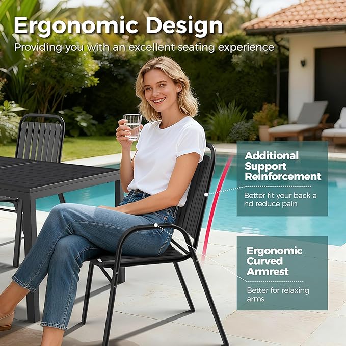 Pamapic Outdoor Dining Sets for 6, Rectangular Steel Slat Table with 6 Plastic Chairs, 7 Piece Patio Table and Chairs Set with Adjustable Umbrella Hole for Garden, Backyard, Poolside (Black) Pamapic