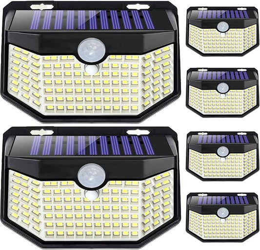 HMCITY 120 LED Outdoor Solar Lights with Motion Sensor and 3 Lighting Modes, IP65 Waterproof Wide Solar Wall Lights Ideal for Garden Patio Yard (Front Button 6Packs, Black Shell-Daylight White) LightingUpYourLife