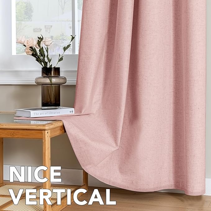 H.VERSAILTEX Linen Curtains 100% Blackout Curtains for Bedroom 102 inch Long Full Light Blocking Nature Linen Blended Window Curtains for Living Room Nickel Grommet (2 Panels, Heathered Baby Pink) HVERSAILTEX