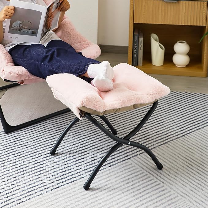 15"(H) Folding Ottoman, Foldable Footrest Stool, Portable Small Foot Stool for Couch, Collapsible Foot Rest Ottoman for Sofa, Accent Padded Ottomans for Living Room, Bedroom, Pink MordchilHF