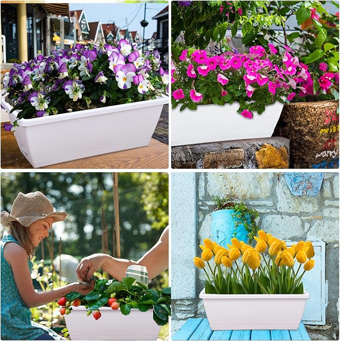Window Box Planter, 7 Pack Plastic Vegetable Flower Planters Boxes 17 Inches Rectangular Flower Pots with Saucers for Indoor Outdoor Garden, Patio, Home Decor (White) CHUKEMAOYI