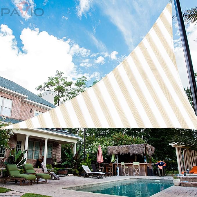 Patio Paradise 7' x 7' x 7' Sun Shade Sail Triangle Canopy Shade Cloth Fabric Sunlight Block Patio Pergola Cover HDPE Deck Awning for Outdoor Backyard Roof Shading, Beige White Strip Patio