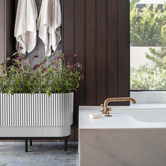 Veradek Demi Series Raised Long Planter for Indoor/Outdoor Use | Made from Plastic & Stone w/Wooden Stand | Modern Patio Décor for Flowers/Shrubs VeradekOutdoor