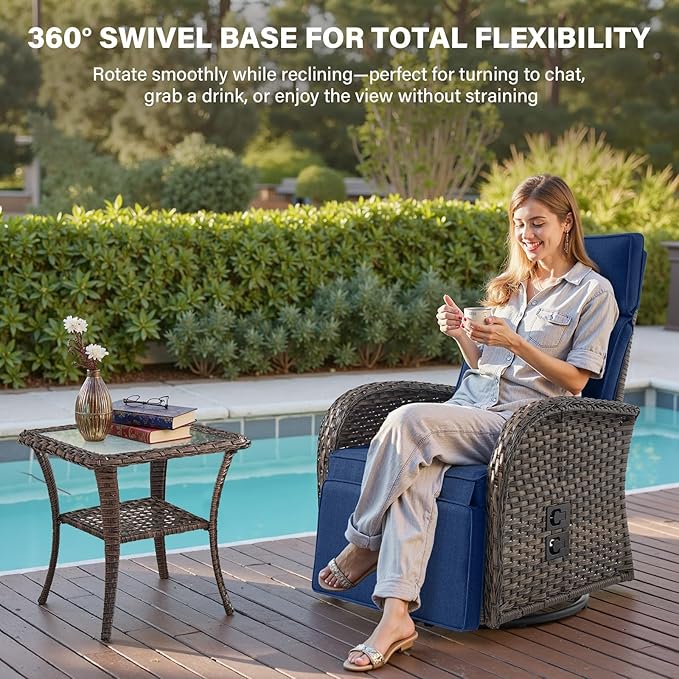 Belord 7 Piece Patio Furniture Set with 4 Swivel Recliner Chairs and 3 Side Tables, Dual-Adjust Wicker Chaise Lounge Chairs for Outdoor Patio Conversation, All-Weather Brown Rattan Belord