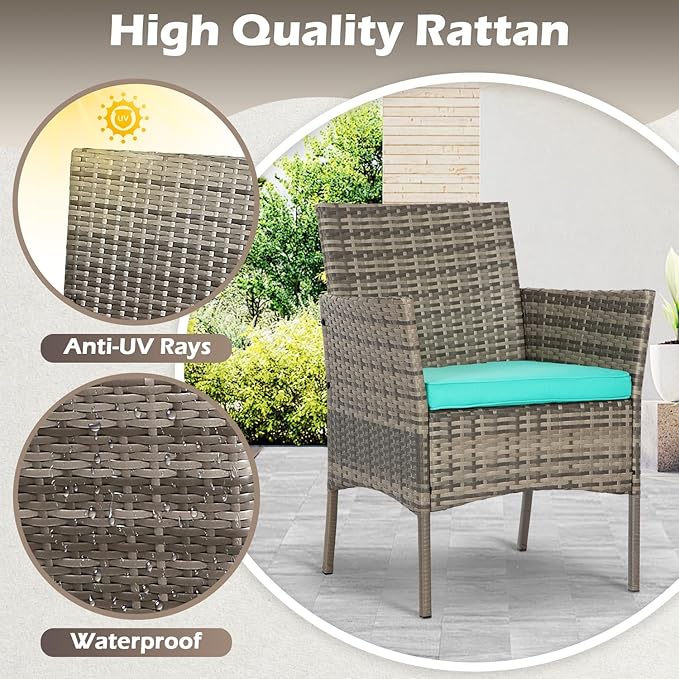 FDW | 4-Piece Patio Furniture Set | Gray & Blue | Outdoor Wicker Furniture with Coffee Table | Modern Rattan Chairs Conversation Set | Outdoor Seating | Weather-Resistant | for Porch, Garden, Lawn FDW