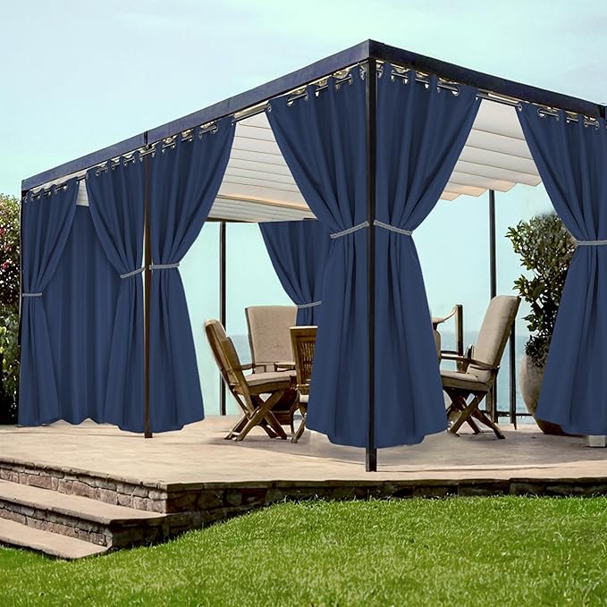 HolidayIdeas Grommet Outdoor Curtains for Patio Waterproof 8 Pcs All Weather Balcony Outside Curtains for Apartments, Gazebo, Pergolas, Porch, 54x84 Inch, Navy HolidayIdeas