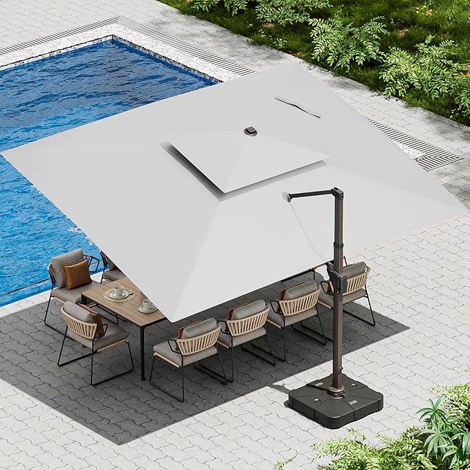 10 X 13 FT Cantilever Patio Umbrella with Led Lights and Base Included Outdoor Heavy Duty Double Top Rectangle Offset Umbrellas with 360-degree Rotation for Pool Deck Backyard, Foggy Grey Ombrellon