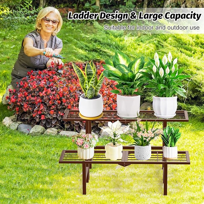 2 Tier Plant Stand Indoor Outdoor, Foldable Metal Separated Ladder Plant Stands, Plant Shelf Multiple Flower Pot Holder Display Shelving for Garden Living Room Patio,Brown JSYONII