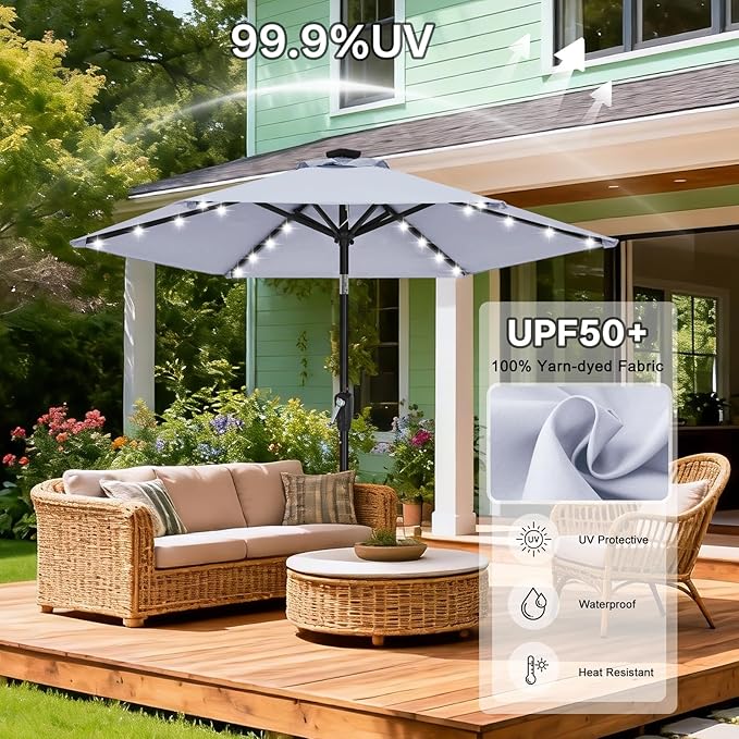 ABCCANOPY Durable Solar Led Patio Umbrellas with 24LED Lights 7.5FT with 6 Sturdy Ribs (Fog Gray) ABCCANOPY