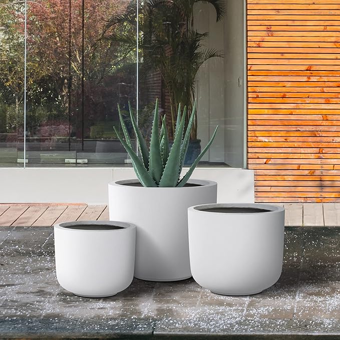 Kante 13",11",9" Dia Pure White Concrete Round Planters (Set of 3), Outdoor Indoor Modern Planter Pots, Lightweight, Weather Resistant, Seamless with Drainage Hole Kante
