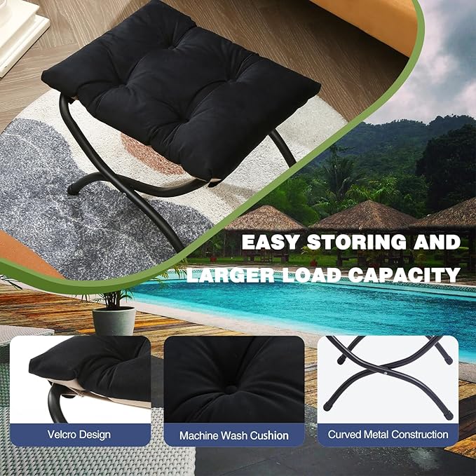 15" Foldable Foot Stool Ottoman with Metal Frame - Washable Black Upholstered Indoor/Outdoor Footrest for Living Room, Bedroom, Patio - Space-Saving Compact Design WELL-STRONG