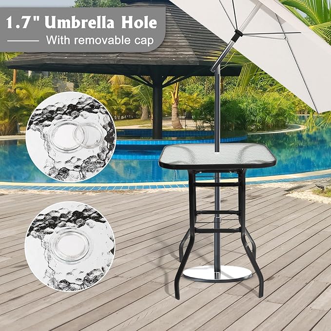 VINGLI Outdoor Bar Table with Umbrella Hole, Modern Black Metal Patio Bar Table, High Top Table for Outdoor Relaxation and Home Entertaining (Black, 31.5'x31.5'x40.3') VINGLI
